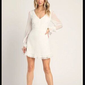 NWOT Lulus Sheer Attraction White Long Sleeve Ruffled Mini Dress